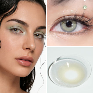 Collage of model wearing EyeCandys Mykonos Grey prescription colored contact lenses, close-up of her eye, and macro shot of the lens