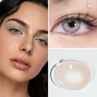 Collage of model wearing EyeCandys Mykonos Violet prescription colored contact lenses, close-up of her eye, and macro shot of the lens