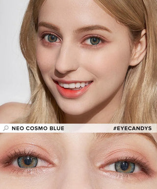 A woman with fair skin and blonde hair smiles at the camera. Below is a close-up of her blue-green eyes, enhanced by NEO Vision Cosmo Blue lenses for a natural look. Text reads “NEO Vision Cosmo Blue” and “#EYECANDYS”.