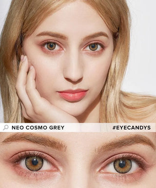 A woman with fair skin and blonde hair gazes at the camera, showcasing her brown eyes enhanced by NEO Vision Cosmo Grey lenses from NEO Vision. Text reads "NEO VISION COSMO GREY #EYECANDYS"—ideal for coloured contact lens seekers.