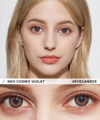 A fair-skinned, blonde woman wears NEO Vision Cosmo Violet lenses by NEO Vision, giving her eyes a striking look in the close-up. The hashtag #EYECANDYS is shown.