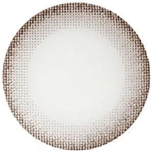 A round white plate with a brown dotted rim fading toward the center, similar to NEO Vision Monet Brown (Custom Toric for Astigmatism) lenses by NEO Vision, creating a subtle, natural effect while the middle remains plain.