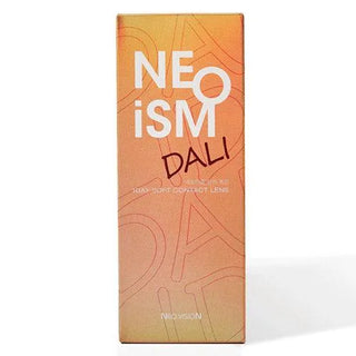 A rectangular orange box labeled “NEOISM DALI” holds NEO Vision Neoism Dali Choco 1-Day (50pk) daily disposable lenses by NEO Vision; the background shows a subtle abstract pattern with repeated “DALI” text.