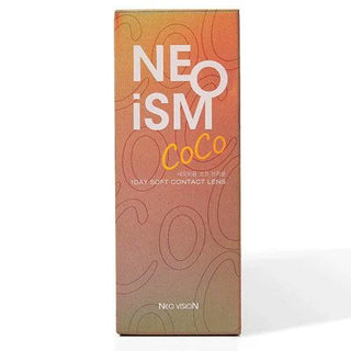 Rectangular box of NEO Vision Neoism Coco Brown (50pk) contact lenses with an orange gradient design and bold text—ideal for those wanting prescription colored contacts in a subtle coco brown shade from NEO Vision.