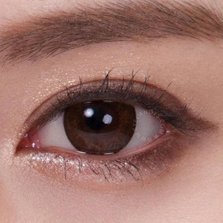 A close-up of a brown eye with natural makeup—light shimmery eyeshadow, defined brows, and long lashes—enhanced by NEO Vision Weekly Shiny Dali Brown (12pk) circle lenses for extra depth and allure.