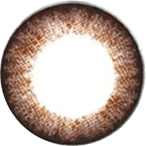 A close-up of the NEO Vision Weekly Shiny Dali Brown (12pk) lens shows its dark outer ring and translucent center, mimicking the natural iris. This weekly disposable contact lens from NEO Vision is displayed on a plain background.