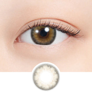 Close-up of eye wearing EyeCandys N's Collection Fruit Punch Neo Beige (10pk) prescription colored contact lens with lens design shown below, light beige three-tone gradient with sparkling dark limbal ring, Korean daily disposable colored contacts for bright dolly eyes