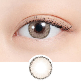 Close-up of eye wearing EyeCandys N's Collection Tempura Beige (10pk) prescription colored contact lens with lens design shown below, soft beige brown two-tone gradient with natural honey glow, Korean daily disposable colored contacts, no lens look for dark eyes