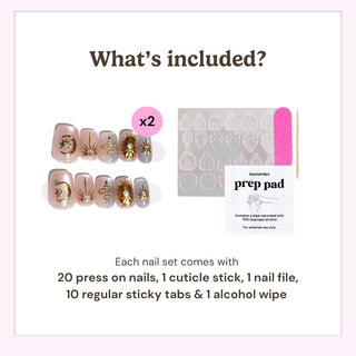 Reusable press on nails kit by EyeCandys including 20 nails, nail file, cuticle stick, alcohol wipe, and 10 sticky tabs for secure application.