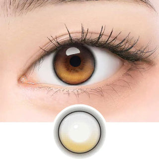 A close-up of a brown eye with long lashes wearing i-Girl One Pick Balance Golden Hour Brown color contacts by i-Girl, showing a dark brown to light yellow gradient for natural enhancement. The comfortable lenses are also displayed below the eye.