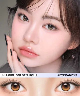 Close-up of a young woman with smooth, fair skin and soft makeup wearing i-Girl One Pick Balance Golden Hour Brown contact lenses by i-Girl, highlighting the natural eye color enhancement and comfortable fit.