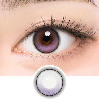 A close-up of a human eye wearing i-Girl One Pick Balance Lavender Mist Purple contacts by i-Girl, with a separate image below highlighting the natural blend, striking lavender color, and intricate design of these lenses.