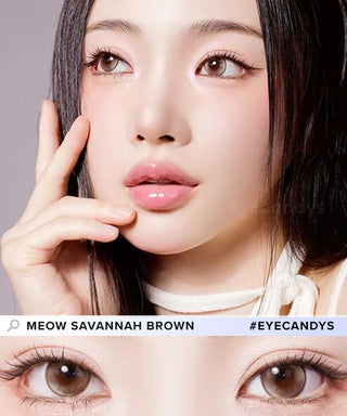 A close-up shows a woman with long black hair, natural makeup, and glossy lips wearing Olola Meow Vivid Savannah Brown contacts by Olola. Below is a zoom-in of her brown eyes labeled "Meow Savannah Brown #EYECANDYS.