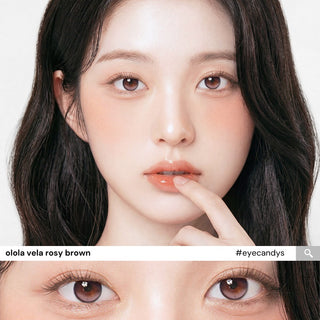 Model with natural makeup wearing Olola Vela RosyBrown prescription colored contact lenses, with close-up of her eyes showing the lens design.