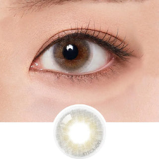 A close-up of a brown eye wearing Olola Able Grey color contact lens by Olola, featuring a light brown outer ring and translucent center—perfect for dark eyes or those needing myopia prescription. Enlarged lens shown below the eye.