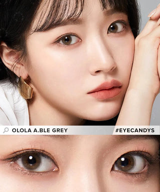 Model showcasing the natural look using Olola 1-Day Able Grey (10pk) (KR) prescription color contacts, above a closeup of a pair of eyes transformed by the color contact lenses