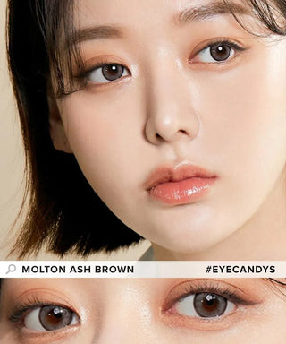 Design of the i-Sha Molton Ash Brown coloured contact lens from Eyecandys on a white background, showing the pixel dotted detail and limbal ring.