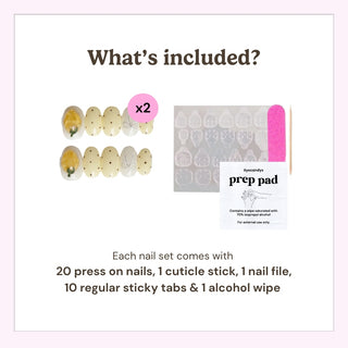 What’s included in the box: 20 press on nails, cuticle stick, nail file, 10 adhesive tabs, and alcohol wipe for easy at-home manicure application.