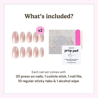 Reusable press on nails kit by EyeCandys including 20 nails, nail file, cuticle stick, alcohol wipe, and 10 sticky tabs for secure application.