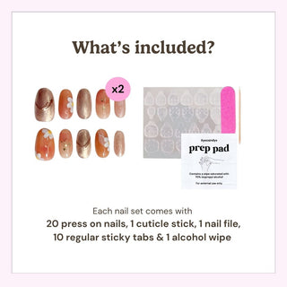 What’s included in the box: 20 press on nails, cuticle stick, nail file, 10 adhesive tabs, and alcohol wipe for easy at-home manicure application.