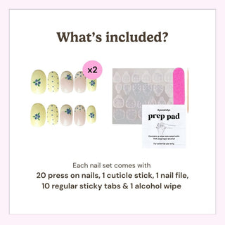 EyeCandys press on nails kit showing 20 reusable nails, cuticle stick, nail file, 10 sticky tabs, and alcohol wipe included in every set.