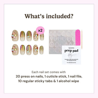 Reusable press on nails kit by EyeCandys including 20 nails, nail file, cuticle stick, alcohol wipe, and 10 sticky tabs for secure application.