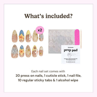 Reusable press on nails kit by EyeCandys including 20 nails, nail file, cuticle stick, alcohol wipe, and 10 sticky tabs for secure application.