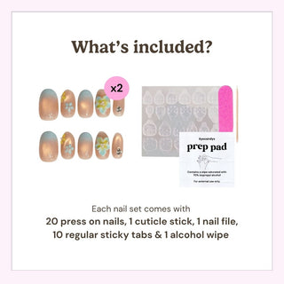 EyeCandys press on nails kit showing 20 reusable nails, cuticle stick, nail file, 10 sticky tabs, and alcohol wipe included in every set.