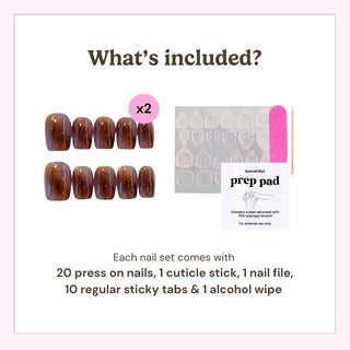 EyeCandys press on nails package contents showing 20 press-on nails, cuticle stick, nail file, alcohol prep pads, and 20 sticky tabs.