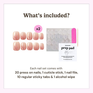 EyeCandys press on nails package contents showing 20 press-on nails, cuticle stick, nail file, alcohol prep pads, and 20 sticky tabs.