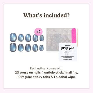 EyeCandys press on nails package contents showing 20 press-on nails, cuticle stick, nail file, alcohol prep pads, and 20 sticky tabs.