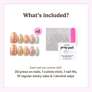 EyeCandys press on nails package contents showing 20 press-on nails, cuticle stick, nail file, alcohol prep pads, and 20 sticky tabs.