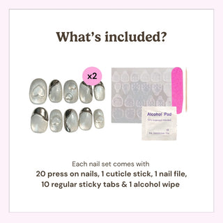 EyeCandys press on nails package contents showing 20 press-on nails, cuticle stick, nail file, alcohol prep pads, and 20 sticky tabs.
