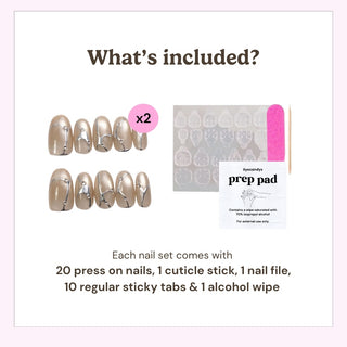 EyeCandys press on nails package contents showing 20 press-on nails, cuticle stick, nail file, alcohol prep pads, and 20 sticky tabs.