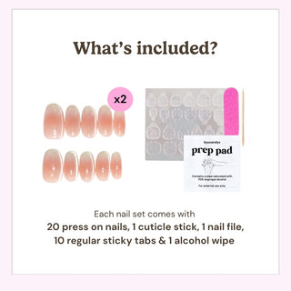 EyeCandys press on nails package contents showing 20 press-on nails, cuticle stick, nail file, alcohol prep pads, and 20 sticky tabs.