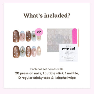 EyeCandys press on nails kit showing 20 reusable nails, cuticle stick, nail file, 10 sticky tabs, and alcohol wipe included in every set.