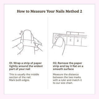 A two-step illustrated guide, "How to Measure Your Nails Method 2," shows how to wrap paper around your nail, mark the ends, then measure with a ruler—perfect before choosing EyeCandys Pearl Jam Press-On Nails.