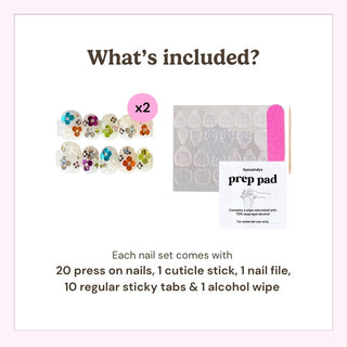 EyeCandys press on nails kit showing 20 reusable nails, cuticle stick, nail file, 10 sticky tabs, and alcohol wipe included in every set.