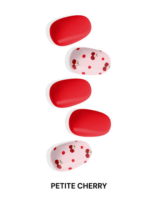  EyeCandys Petite Cherry Gel Nail Stickers featuring a playful red and pink design with cherry-like polka dots. This semi-cured gel set offers a glossy, salon-quality finish that lasts up to 2 weeks—perfect for cute, fruity spring and summer nail styles.
