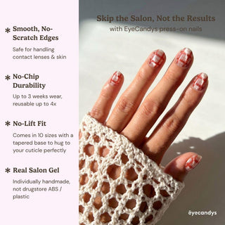 A hand with brown and white cat-eye plaid Picnic Date Press-On Nails by EyeCandys rests on a textured white surface. The text highlights smooth edges, no-chip durability, a no-lift fit, and real salon gel manicure quality.