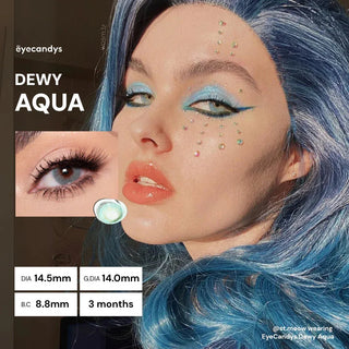 Model wearing Pink Label Dewy Aqua colored contact lenses with bright aqua blue eye enhancement