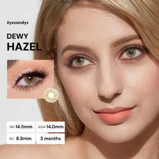 Model wearing Pink Label Dewy Hazel colored contact lenses with soft hazel eye enhancement