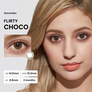 Model wearing Pink Label Flirty Choco colored contact lenses with warm chocolate brown eye enhancement