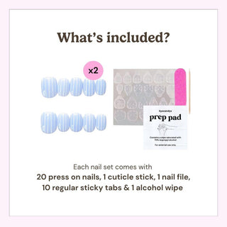 Reusable press on nails kit by EyeCandys including 20 nails, nail file, cuticle stick, alcohol wipe, and 10 sticky tabs for secure application.