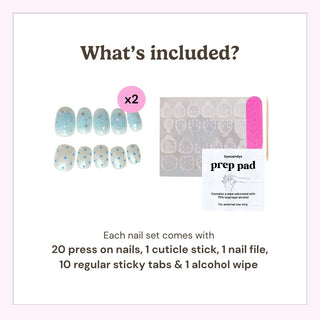 EyeCandys press on nails kit showing 20 reusable nails, cuticle stick, nail file, 10 sticky tabs, and alcohol wipe included in every set.