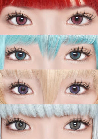 Close-up of four pairs of cosplay eyes: red hair with pink lenses, blue hair with blue lenses, blonde hair wearing EyeCandys Powerglow Bluish Purple contacts by EyeCandys, and silver hair with gray lenses.