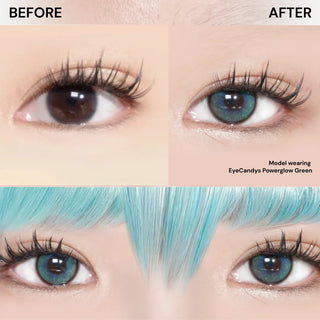 Close-up comparison showing an eye before and after wearing EyeCandys Powerglow Turquoise Green contacts. The top image has a natural brown eye; the bottom features vibrant turquoise green lenses with blue hair, emphasizing moisture retention for comfort.