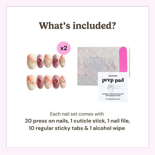 EyeCandys press on nails kit showing 20 reusable nails, cuticle stick, nail file, 10 sticky tabs, and alcohol wipe included in every set.