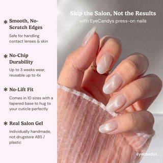 A hand shows off EyeCandys Seraphina Press-On Nails—long, glossy, and natural-looking—resting on sheer pink fabric. Text highlights smooth edges, salon gel quality, no-chip durability, no-lift fit, and a real salon finish.