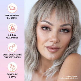 A blonde woman with natural makeup poses against a light background, wearing EyeCandys Shade Brown by EyeCandys. Icons at left highlight free shipping, a 30-day guarantee, reward points, and subscribe-to-save offers.